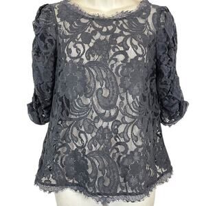 Sundance Womens Gray Lace Sheer Puff Sleeve Blouse Top Whimsigoth Fairy sz S